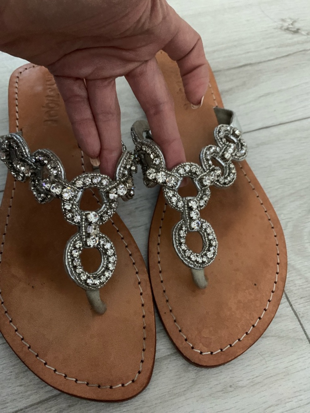 Mystic Silver Jeweled Thong Sandals with Tan Footbed